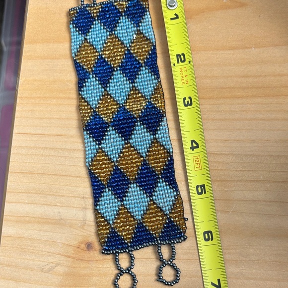 Geometric Seed Bead Bracelet in Blue and Gold - Picture 5 of 7